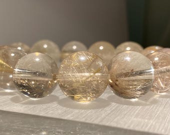 14mm to 16mm | Natural AAA-Grade Very Clear Gold Rutilated Quartz Crystal Bead Bracelet | Rutile Minerals | Angel's Hair | Healing Jewlery