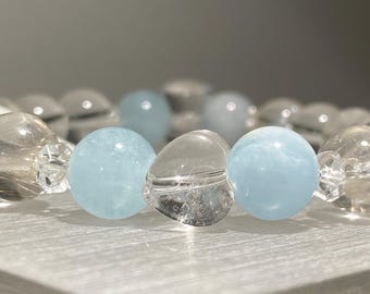 5mm to 10mm | Natural A-Grade Clear Quartz & Aquamarine Crystal Bead Bracelet | Healing Jewelry