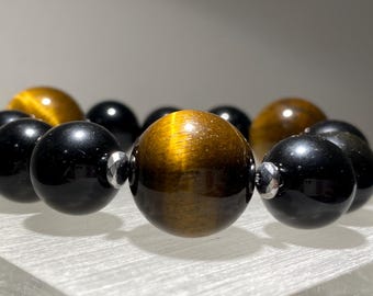 5mm to 20mm | Natural AA-Grade Blue and Gold Tiger Eye Crystal Bracelet with Hematite and Gold Sheen Obsidian | Healing Jewelry