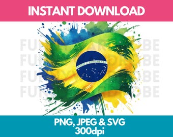 Brazil Flag PNG SVG JPG Watercolor Effect Digital Clipart Clip Art Graphic Image Instant Download - Personal/Commercial Use