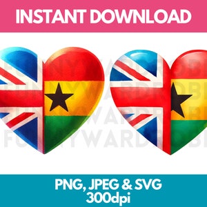 Drapeaux coeurs Royaume-Uni et Ghana x2 effet aquarelle Png Svg Jpg Clipart numérique Image graphique téléchargement - personnel/commercial