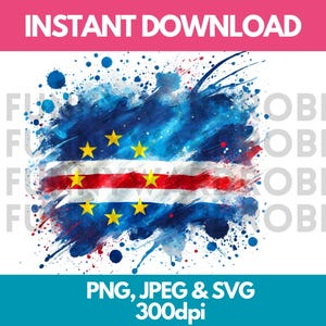May include: A watercolor-style illustration of the flag of Cape Verde. The flag is blue with a red and white stripe and yellow stars. The flag is surrounded by blue, red, and white paint splatters.