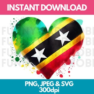 St. Kitts & Nevis Flag PNG SVG JPG Heart Watercolor Effect Digital Clipart Clip Art Graphic Image Instant Download-Personal/Commercial Use