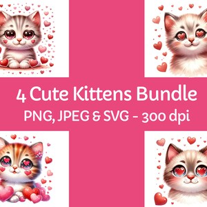 4 Watercolour Cute Kittens Clipart - Cats Kittens - Love Hearts - Valentines Day - Instant Download - Personal/Commercial Use Clip Art -