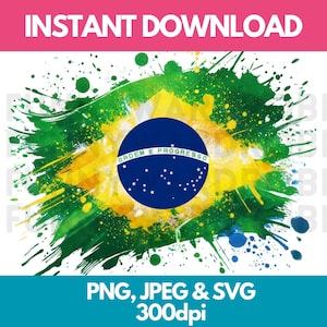Brazil Flag PNG SVG JPG Watercolor Effect Digital Clipart Clip Art Graphic Image Instant Download - Personal/Commercial Use