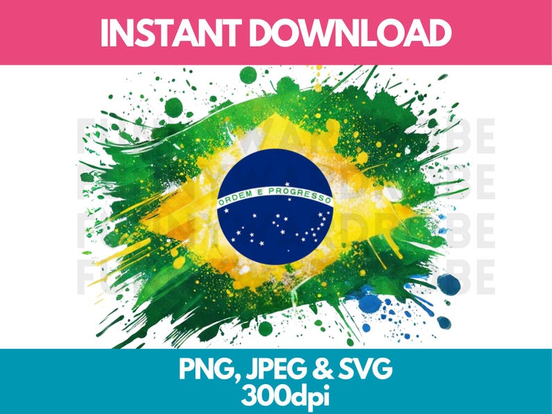 Brazil Flag Watercolor Effect PNG SVG JPG Digital Clipart Clip Art