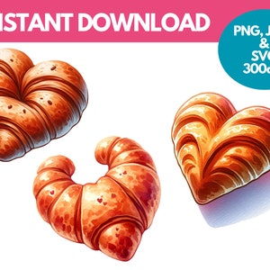 Clipart de três croissants em formato de coração em aquarela - Corações de amor - Dia dos Namorados - Download instantâneo - Clip Art para uso pessoal/comercial -
