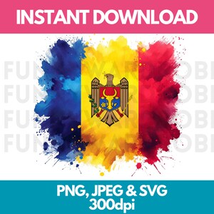 Könnte beinhalten: Eine Aquarell-Illustration der Flagge Moldawiens. Die Flagge ist blau, gelb und rot mit dem Wappen Moldawiens in der Mitte. Die Flagge ist von einem weißen Hintergrund umgeben, auf dem oben der Text "INSTANT DOWNLOAD" und unten "PNG, JPEG & SVG 300dpi" steht.