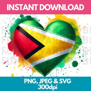 Bandiera a forma di cuore della Guyana, effetto acquerello, PNG, SVG, JPG, clipart digitale, clip art, immagine grafica, download immediato - uso personale/commerciale