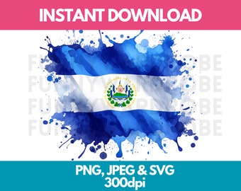 El Salvador Flag Watercolor Clipart: PNG, SVG, JPG (Digital Download)
