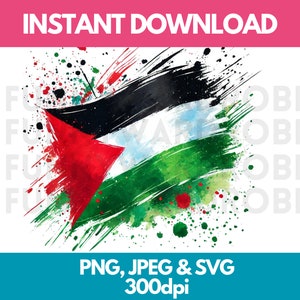Puede incluir: Una pintura de acuarela de la bandera palestina con un esquema de color rojo, blanco, negro y verde. La bandera está rodeada de salpicaduras de pintura en varios colores, incluyendo rojo, blanco, azul y verde.