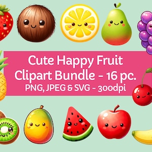 Paquete de imágenes prediseñadas de frutas felices lindas de acuarela - Imágenes prediseñadas de frutas de dibujos animados - Descarga instantánea - Uso comercial Clip Art SVG PNG JPG