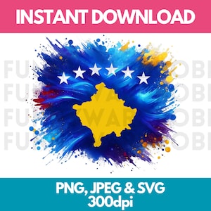 Kosovo Flag Watercolor Clipart: PNG SVG JPG Graphics (Digital Download)