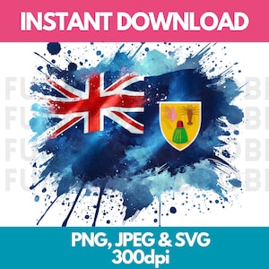 Turks & Caicos Flag PNG SVG JPG Watercolor Effect Digital Clipart Clip Art Graphic Image Instant Download - Personal/Commercial Use