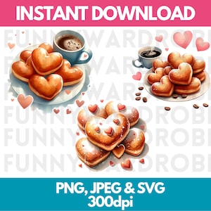Aquarela Donuts Donuts Heart Shaped Dessert Clipart - Cute Dessert Clip Arts - Download instantâneo - Personal/Commercial Clip Art
