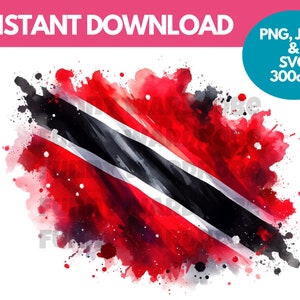 May include: Watercolor painting of the flag of Trinidad and Tobago. The flag is red, white, and black with a diagonal stripe pattern. The flag is surrounded by splatters of red, white, and black paint.