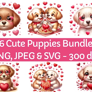 6 Clipart de cachorrinhos fofos em aquarela - Filhotes de cachorro - Corações de amor - Dia dos Namorados - Download instantâneo - Clip Art de uso pessoal/comercial -