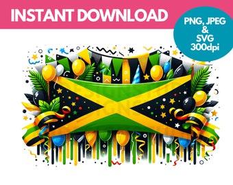 May include: A digital illustration of a Jamaican flag with green, yellow, and black colors. The flag is surrounded by confetti, balloons, and streamers in a celebratory design. The text "PNG, JPEG & SVG 300dpi" is in the upper right corner of the image.