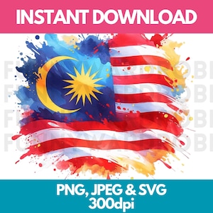 Malaysia Flag PNG SVG JPG Watercolor Effect Digital Clipart Clip Art Graphic Image Instant Download-Personal/Commercial Use