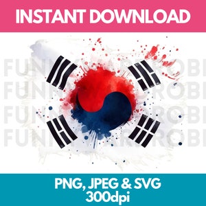 South Korea Flag PNG SVG JPG Watercolor Effect Digital Clipart Clip Art Graphic Image Instant Download - Personal/Commercial Use