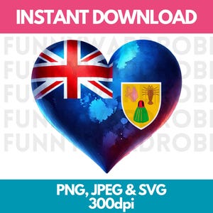 Turks and Caicos Flag PNG SVG JPG Heart Watercolor Effect Digital Clipart Clip Art Graphic Image Instant Download - Personal/Commercial Use