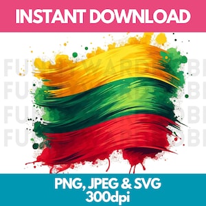 May include: A digital illustration of the Lithuanian flag, painted in a watercolor style with yellow, green, and red colors. The flag is set against a white background with splatters of paint.