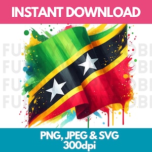 Drapeau de Saint-Kitts-et-Nevis PNG SVG JPG effet aquarelle Clipart numérique Image graphique téléchargement - usage personnel/commercial