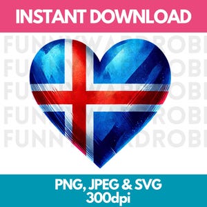 Bandiera dell'Islanda PNG SVG JPG Cuore Effetto Acquerello Clipart Digitale Clip Art Immagine Grafica Download Istantaneo - Uso Personale/Commerciale