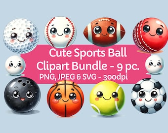Paquete de imágenes prediseñadas de pelotas deportivas lindas de acuarela - Imágenes prediseñadas de pelotas deportivas de dibujos animados - Descarga instantánea - Uso comercial Clip Art SVG PNG JPG