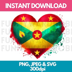 Bandera de Granada PNG SVG JPG Corazón Efecto Acuarela Clipart Digital Clip Art Imagen Gráfica Descarga Instantánea - Uso Personal/Comercial