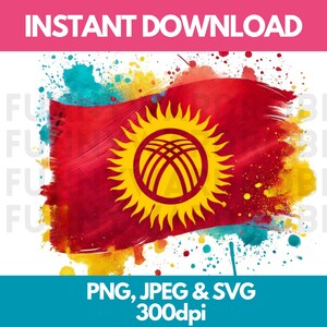 Kyrgyzstan Flag PNG SVG JPG Watercolor Effect Digital Clipart Clip Art Graphic Image Instant Download-Personal/Commercial Use