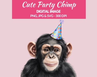 Sombrero de fiesta de chimpancé: chimpancé acuarela PNG SVG JPG (descarga digital)