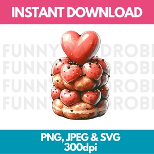 Aquarela em forma de coração Croquembouche Profiterole Tower Clipart - Cute Dessert Clip Art - Download instantâneo - Personal/Commercial Clip Art