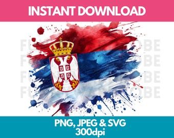 Serbia Flag Watercolor Clipart: PNG, SVG, JPG (Digital Download)