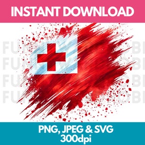 May include: A digital illustration of the Tongan flag in a red, white, and blue watercolor style with a red splatter effect. The flag is a red cross on a white background with a red triangle on the hoist side.  PNG, JPEG & SVG 300dpi.
