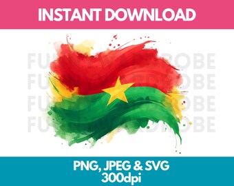 Burkina Faso Flag Watercolor Clipart: PNG SVG JPG (Digital Download)