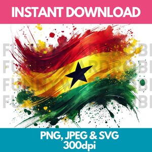 Puede incluir: Una ilustración digital de la bandera de Ghana, pintada en estilo acuarela con salpicaduras de color. La bandera es roja, amarilla y verde con una estrella negra en el centro.