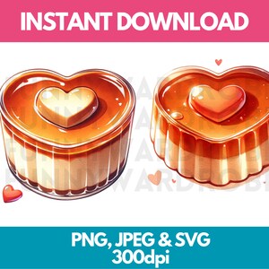 Aquarell herzförmige Creme Karamell Clipart - süße französische Dessert Clip Art - Sofortiger Download - persönliche/kommerzielle ClipArt
