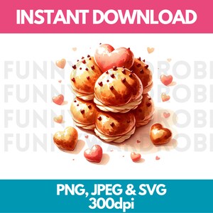 Aquarela em forma de coração Mini Croquembouche Profiterole Tower Clipart - Sobremesas fofas - Download instantâneo - Clip Art pessoal/comercial
