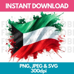 Kuwait Flag PNG SVG JPG Watercolor Effect Digital Clipart Clip Art Graphic Image Instant Download - Personal/Commercial Use