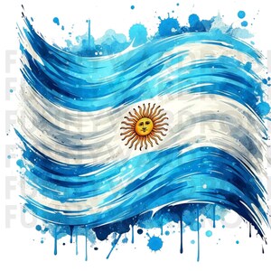 May include: A watercolor painting of the Argentinian flag. The flag is blue and white with a yellow sun in the center. The sun has a human face and is surrounded by rays. The flag is painted in a flowing, abstract style, with splashes of blue and white paint.