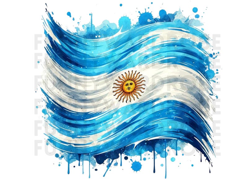 May include: A watercolor painting of the Argentinian flag. The flag is blue and white with a yellow sun in the center. The sun has a human face and is surrounded by rays. The flag is painted in a flowing, abstract style, with splashes of blue and white paint.