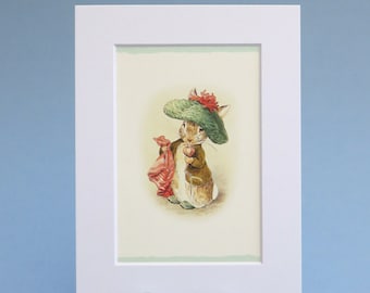 Beatrix Potter vintage print of Benjamin Bunny 6x8 inch mounted illustration. Ideal gift ready to frame for a nursery or child’s bedroom.