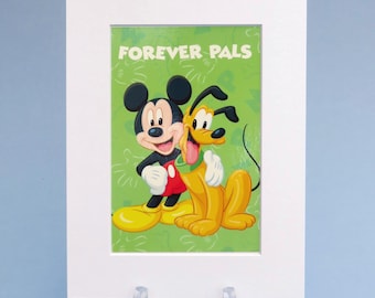 Lámina vintage de Mickey Mouse y Pluto de Disney, nueva con paspartú blanco brillante, de 15 x 20 cm y funda de celofán. Ideal para habitación infantil o como regalo para fans de Disney.