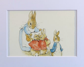 Beatrix Potter vintage print of Peter Rabbit and family, 6x8 inch mounted illustration. Ideal gift ready to frame for a child’s bedroom.