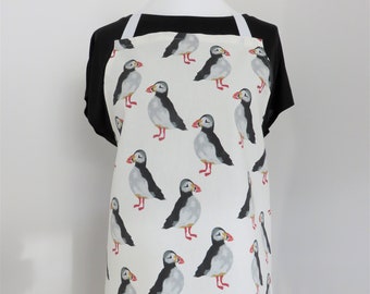 Puffin bird print apron, pure cotton fabric.  Handmade pretty cooking apron, pinafore, craft apron, baking apron for busy people.