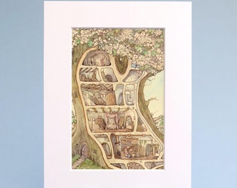 May include: A detailed illustration of a tree with multiple rooms carved inside. The artwork features a whimsical design with a variety of rooms, each with unique furnishings and characters. The tree is surrounded by white flowers and green foliage, set against a light blue background.