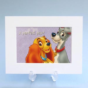 Vintage Disney Lady and the Tramp postcard, in a new bright white mount, 6x8 inch in a cellophane sleeve. Child’s room, Disney fan gift.