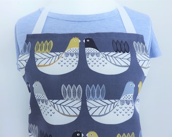 Apron with a Scandi bird print in pure cotton fabric.  Handmade pretty cooking apron, pinafore, craft apron, baking apron for busy people.