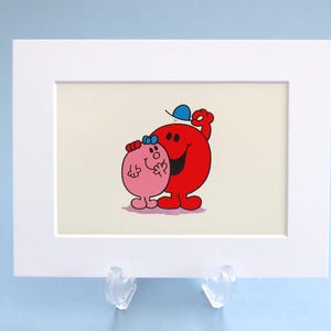 Mr Men vintage print, Mr Small and Miss Tiny in a new bright white mount, 6x8 inch in a cellophane sleeve.  Ideal gift for a child’s room.